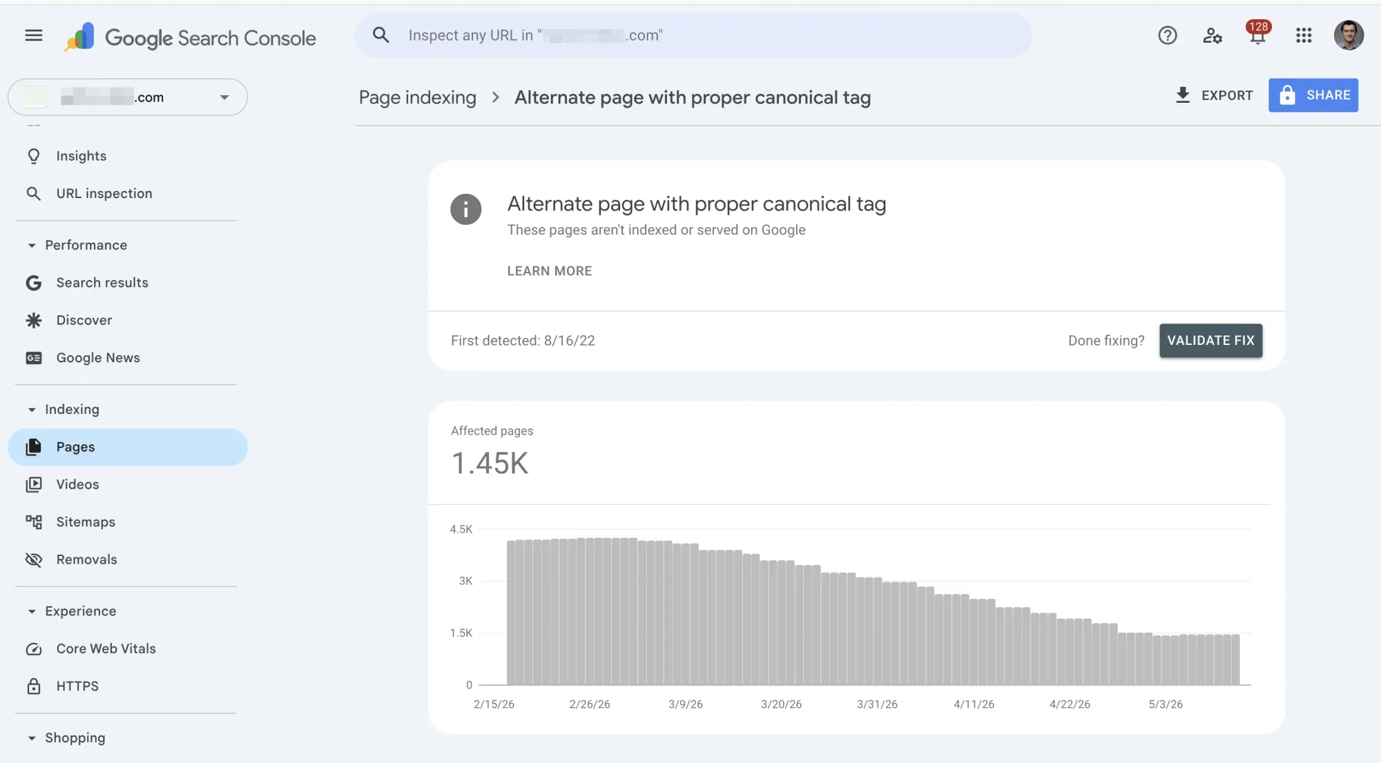 GSC detail view for Alternate page with proper canonical tag showing 1.45K affected pages and a trend chart