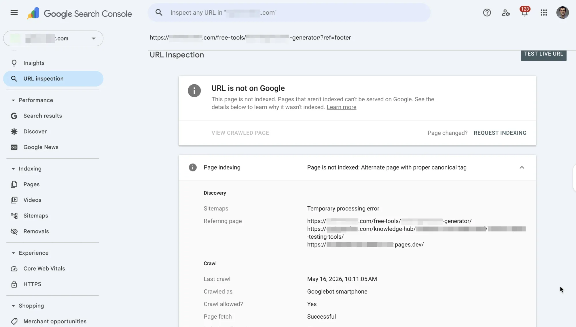 Google Search Console URL Inspection tool showing a page not indexed with Alternate page with proper canonical tag status