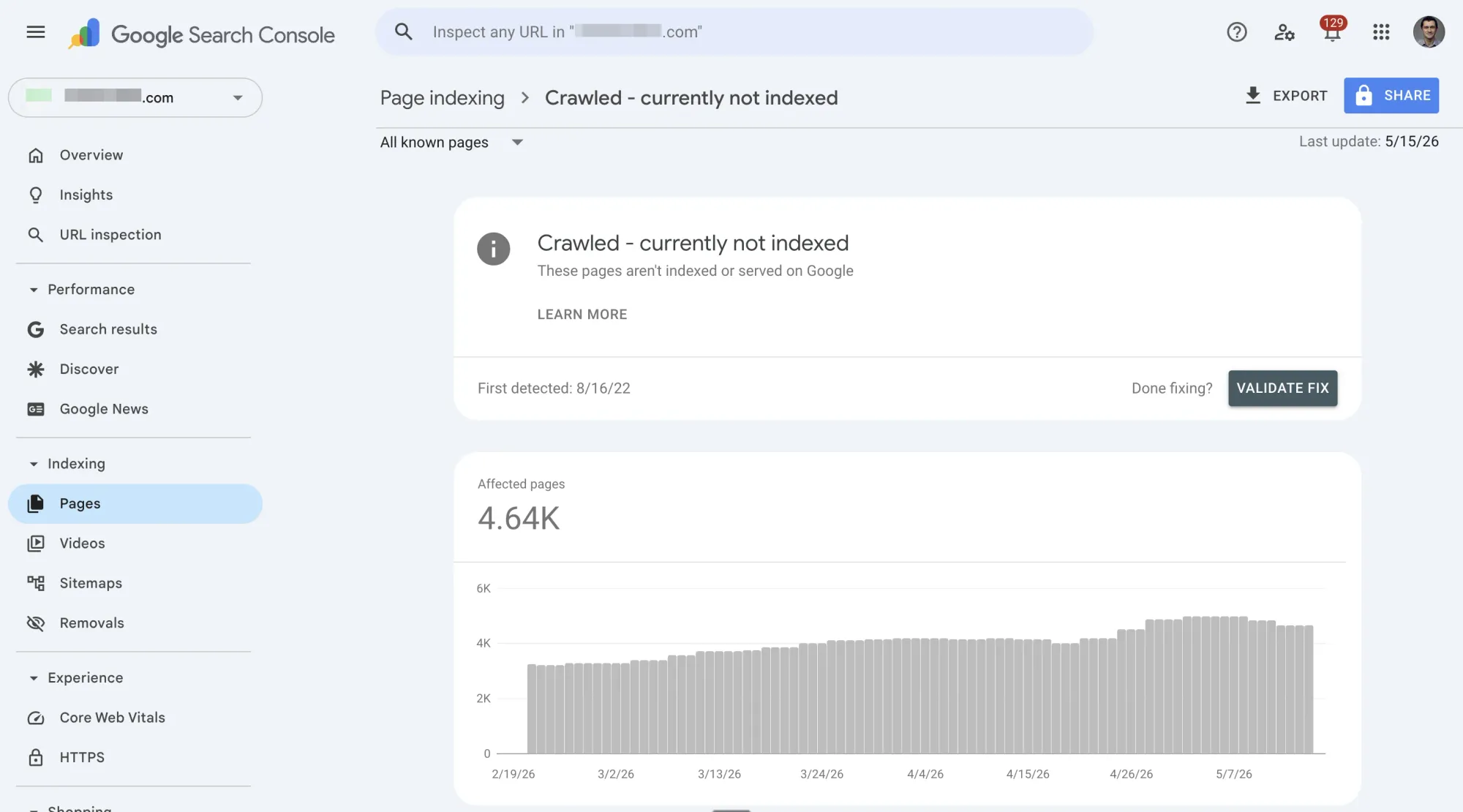 Crawled currently not indexed status in Google Search Console showing affected pages count and trend over time