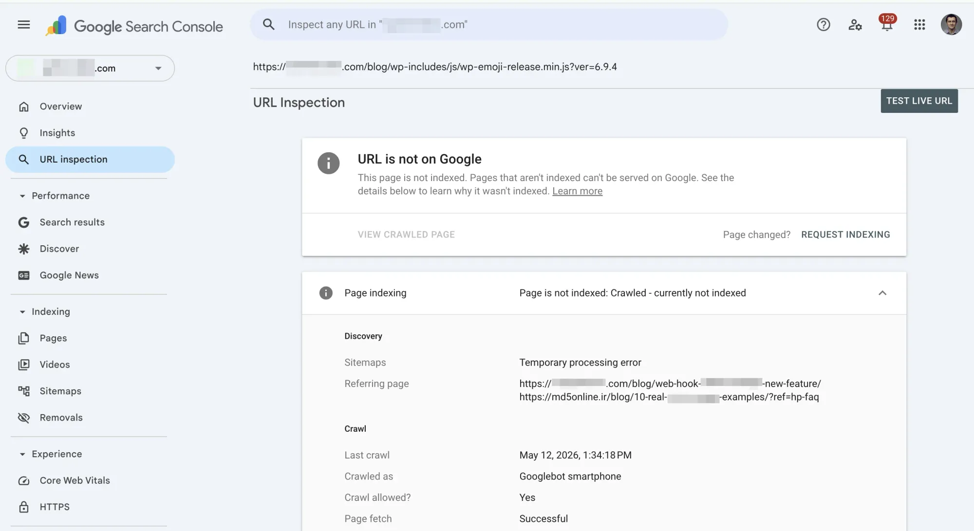 URL Inspection Tool in Google Search Console showing crawled currently not indexed status with crawl details