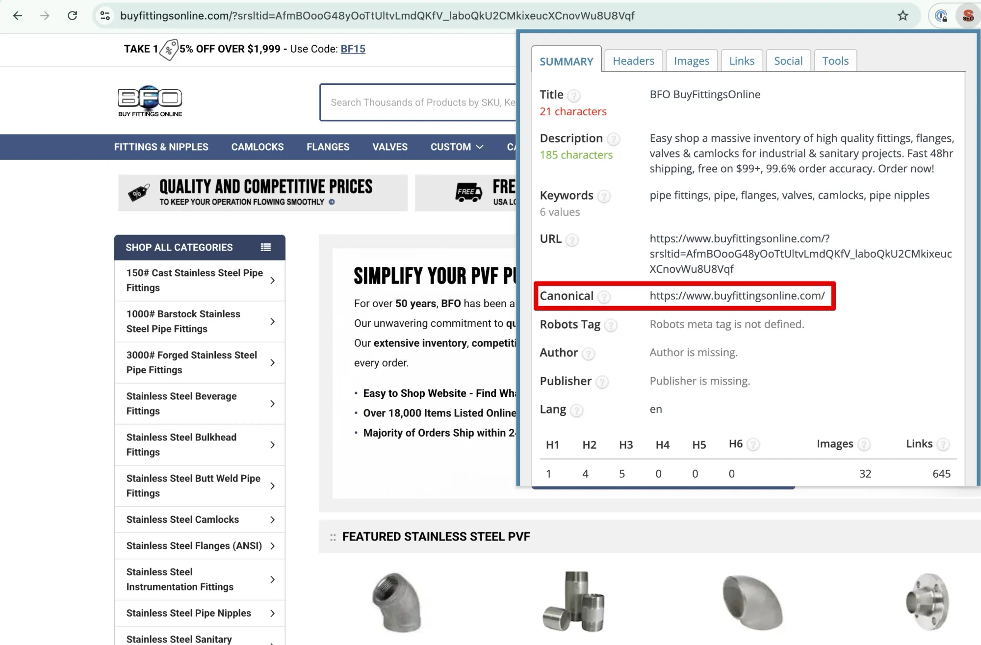 SEO toolbar showing a correctly defined canonical URL pointing to the clean base page
