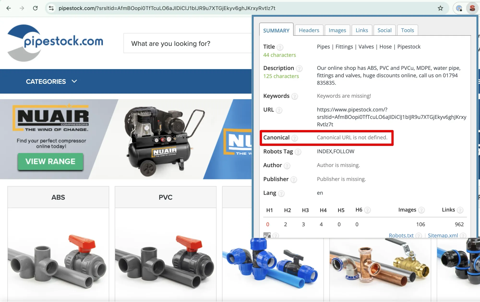 SEO toolbar showing canonical URL is not defined on a page with query parameters