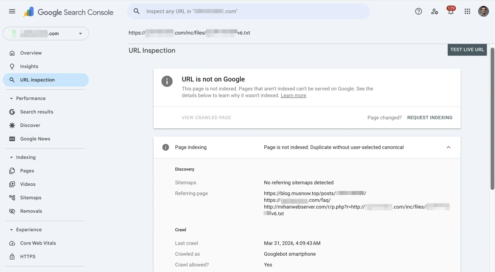 URL Inspection tool result showing page is not indexed due to duplicate without user-selected canonical status