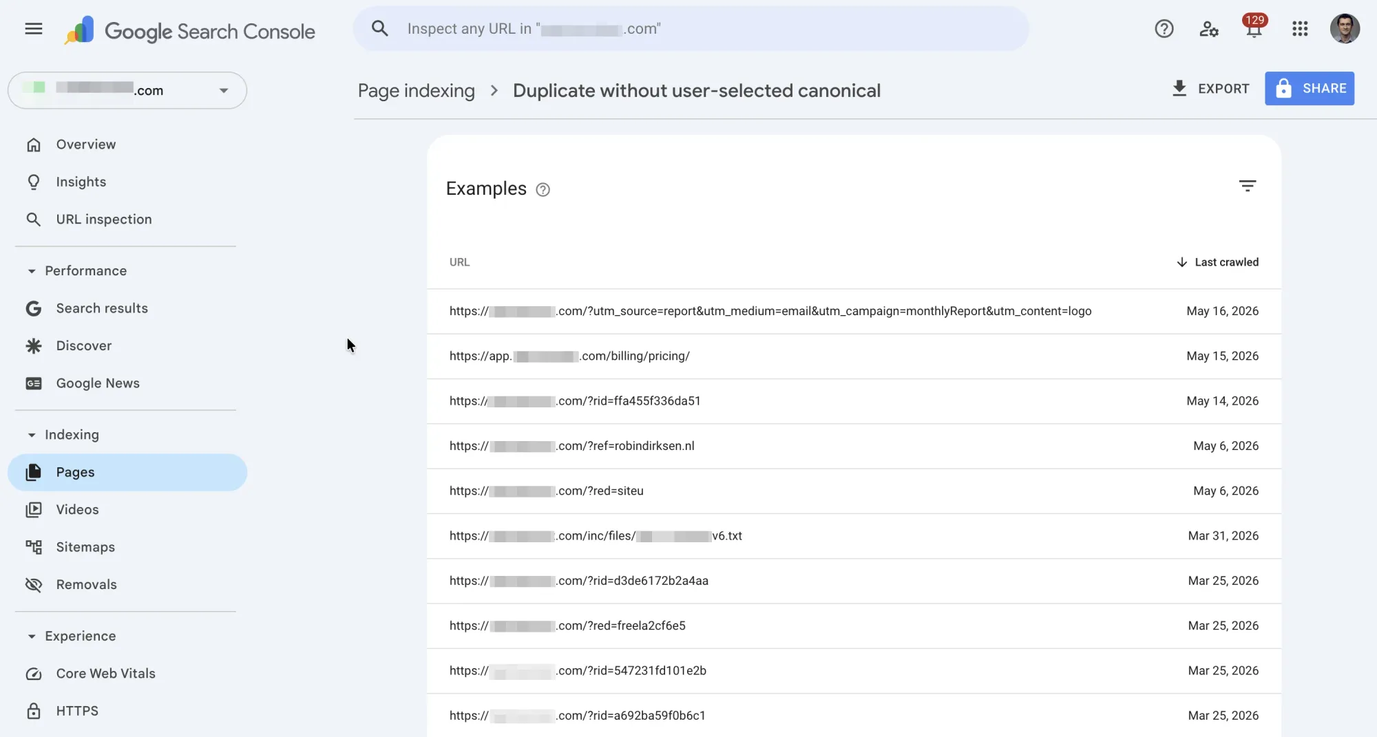 List of URLs flagged as duplicate without user-selected canonical in Google Search Console showing parameter variations